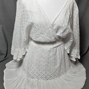 Japna White Eyelet Lace Romper Dress / Skort Dress, Smocked Waist Ruffle V-Neck